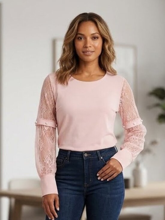 Tops - Pink Lace & Pearl Blouse Size M